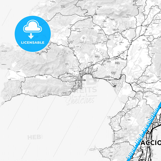 Ajaccio, France light map with streetnames, citynames and districts
