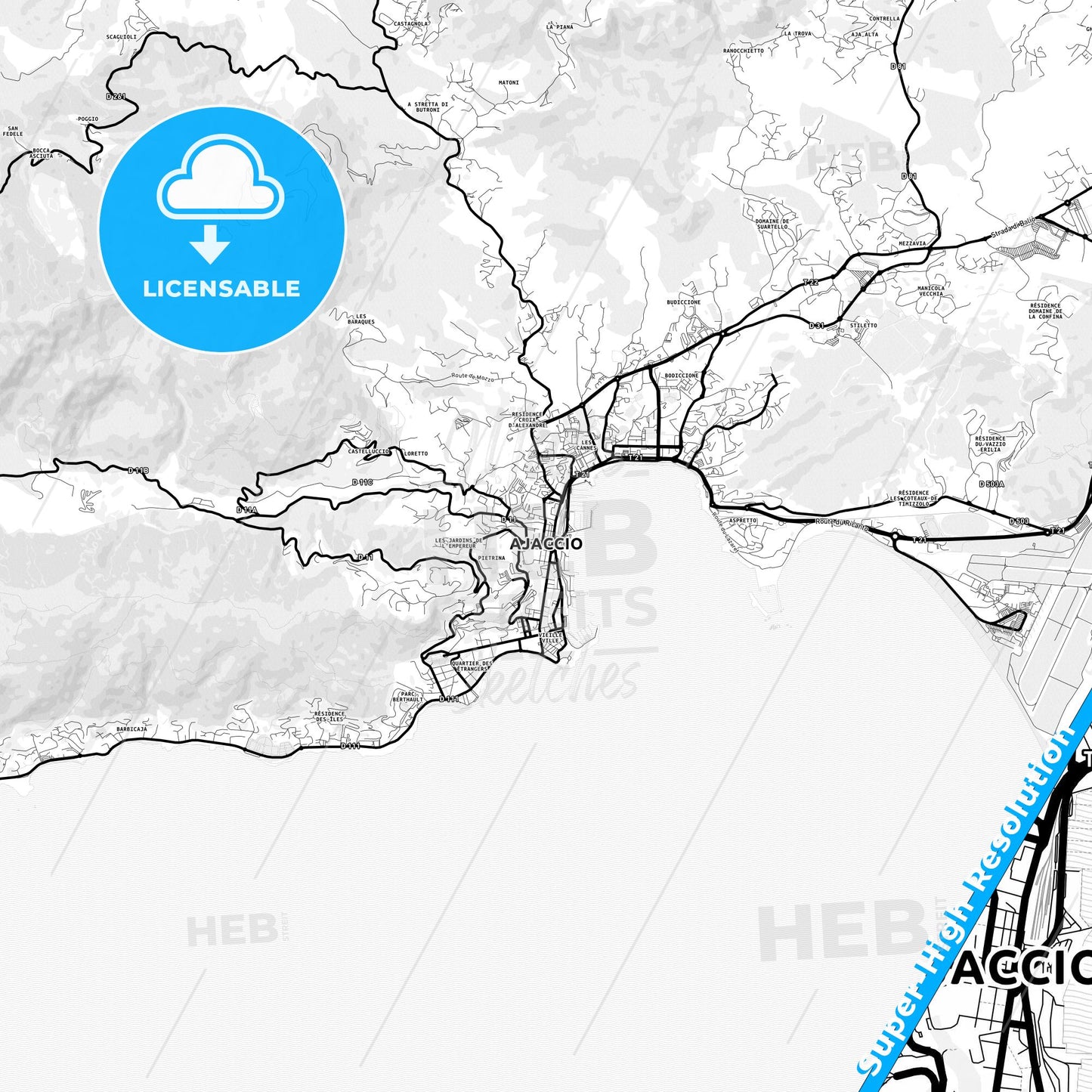 Ajaccio, France Light Map with Street Names, City Names, and Districts