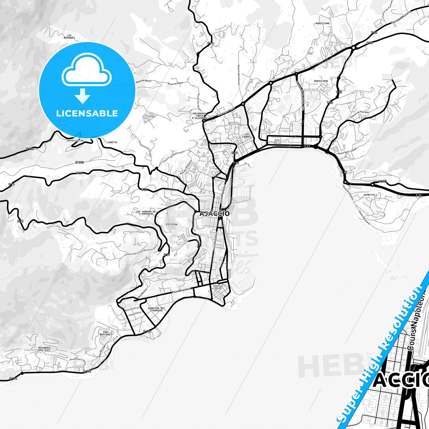 Ajaccio, France Light Map with Street Names, City Names, and Districts