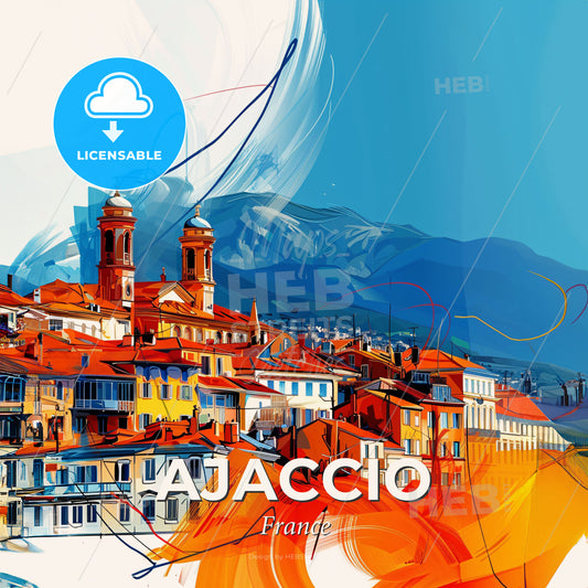 Vibrant Ajaccio, France - A Painting Of A Town With A Mountain In The Background - Square format print template