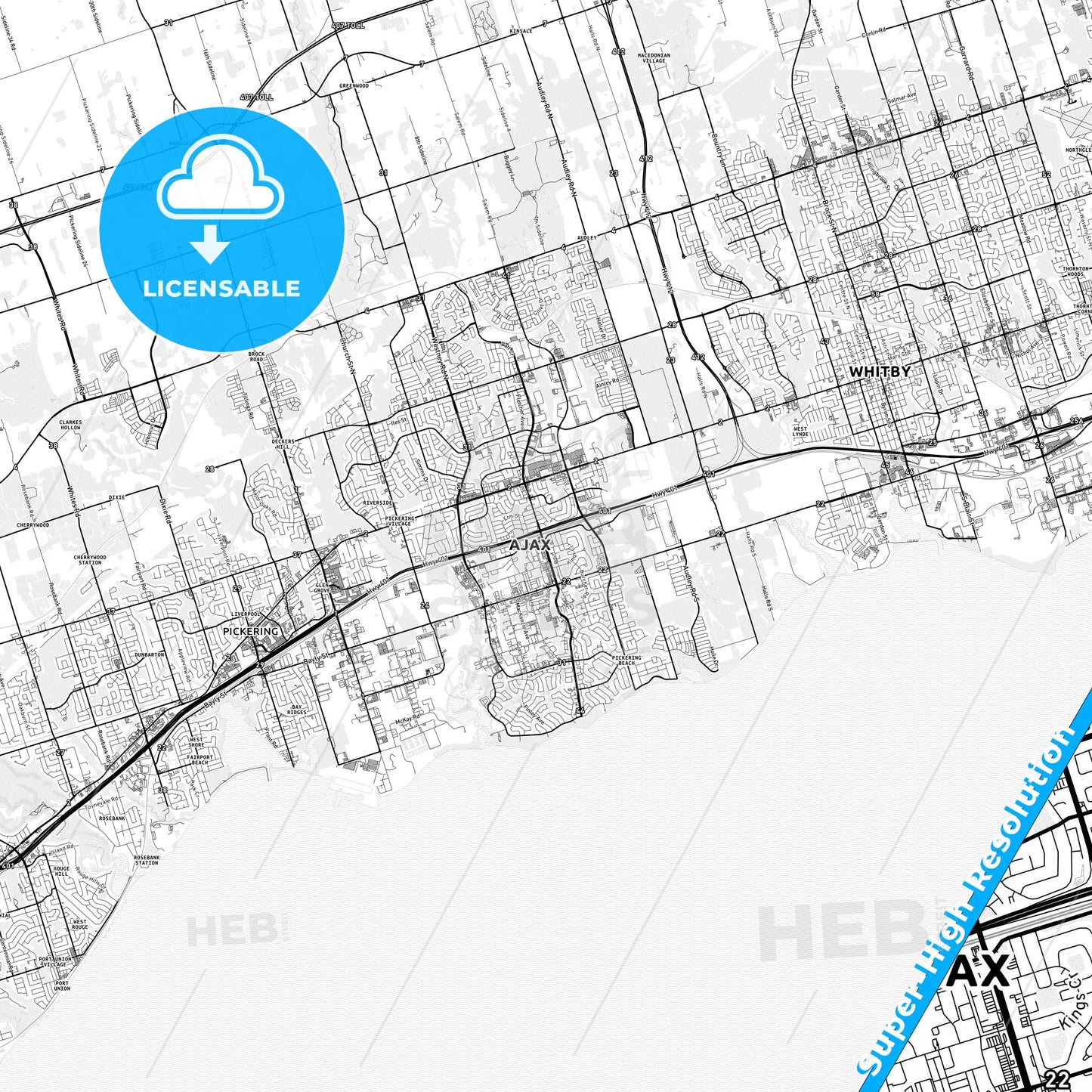 Ajax, Canada light map with streetnames, citynames and districts