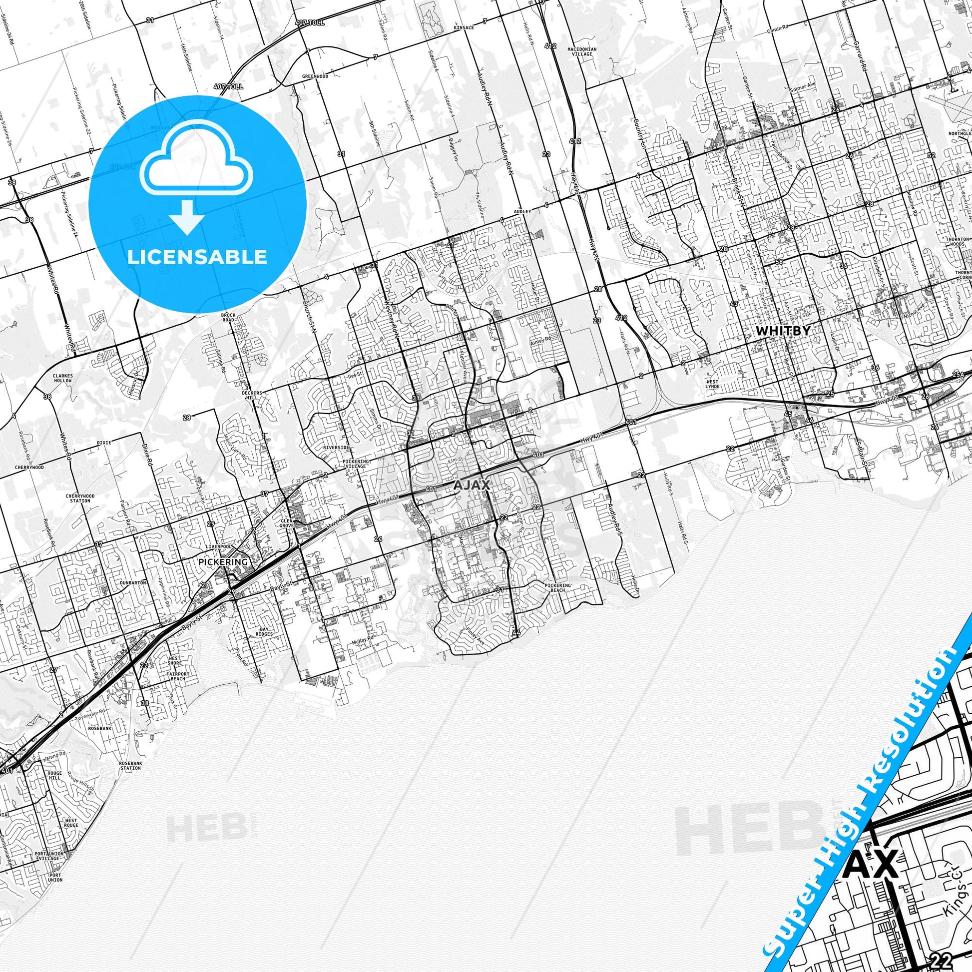 Ajax, Canada light map with streetnames, citynames and districts