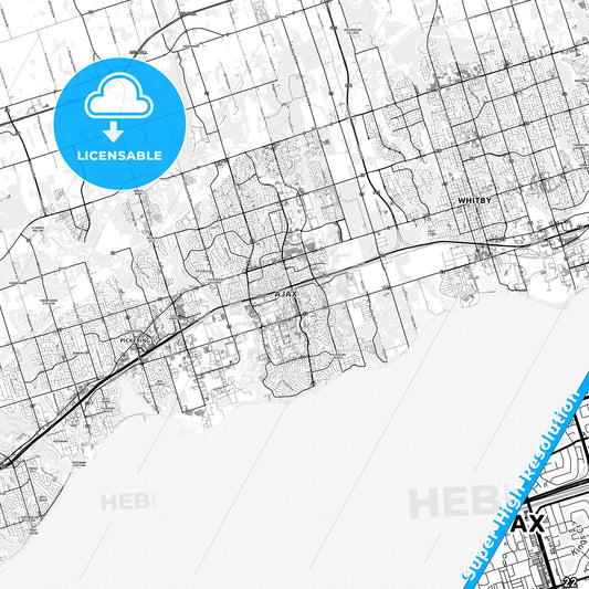 Ajax, Canada light map with streetnames, citynames and districts