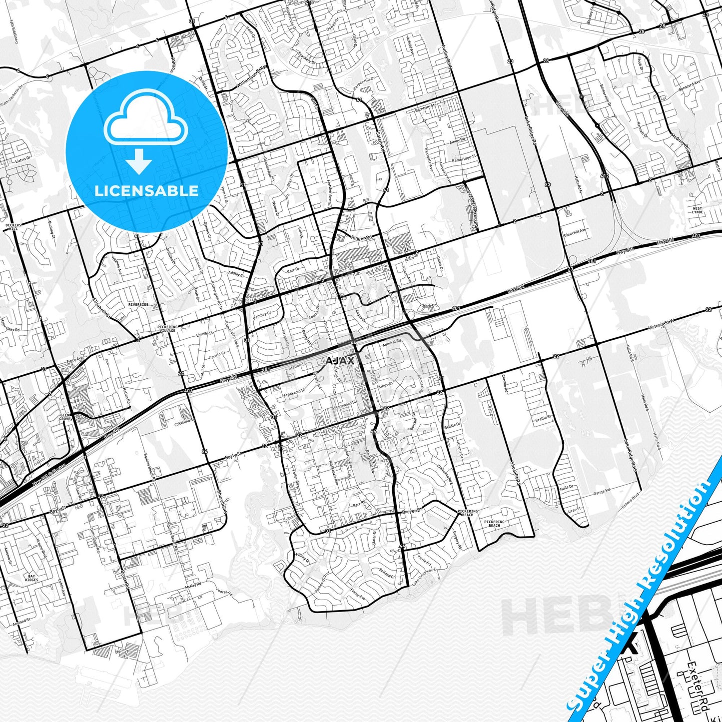 Ajax, Canada Light Map with Street Names, City Names, and Districts