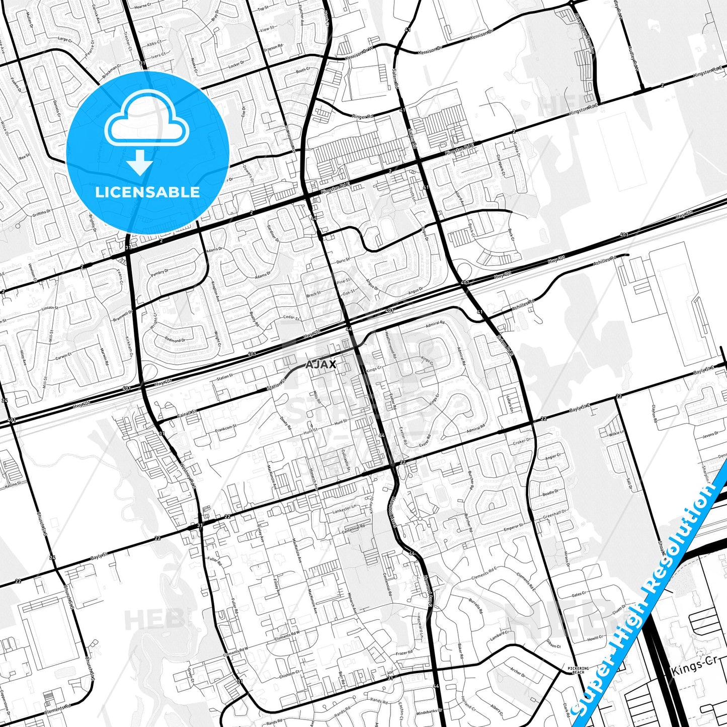 Ajax, Canada Light Map with Street Names, City Names, and Districts