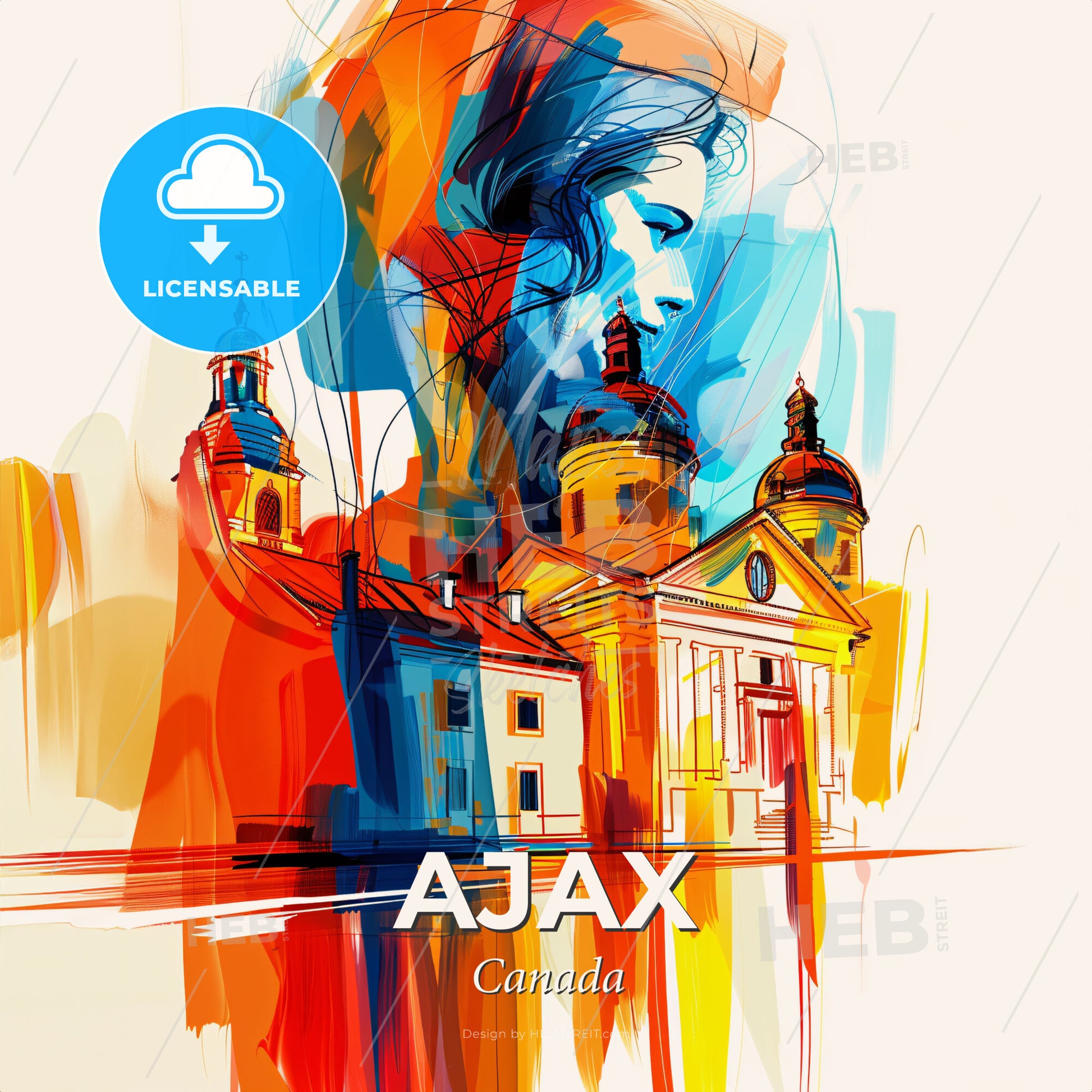 Vibrant Ajax, Canada - A Painting Of A Woman's Face And A Building - Square format print template