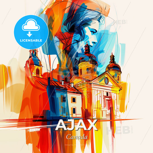 Vibrant Ajax, Canada - A Painting Of A Woman's Face And A Building - Square format print template