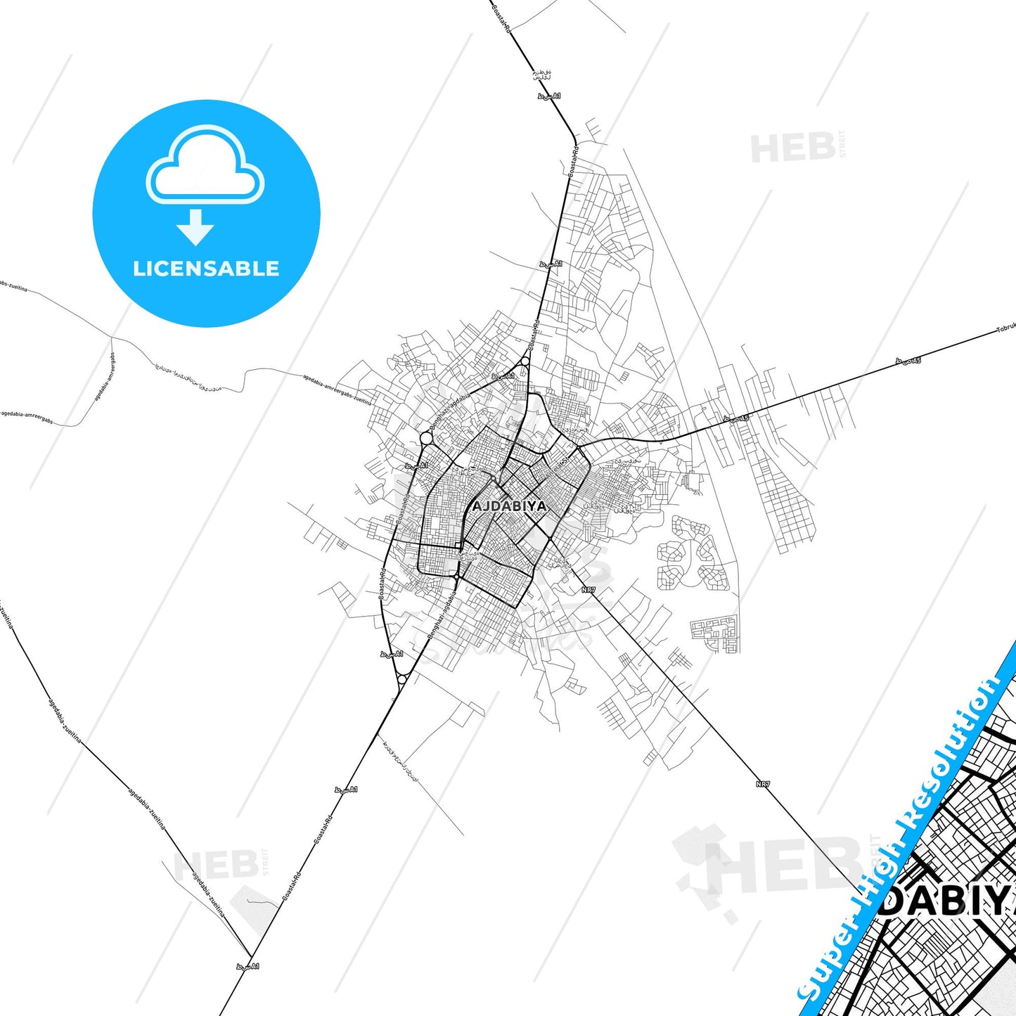 Ajdabiya, Libya light map with streetnames, citynames and districts