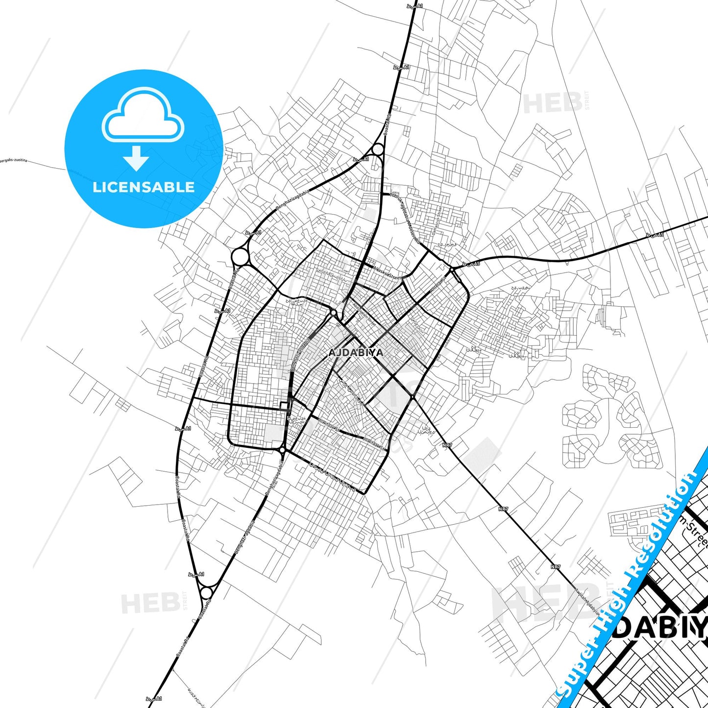 Ajdabiya, Libya Light Map with Street Names, City Names, and Districts