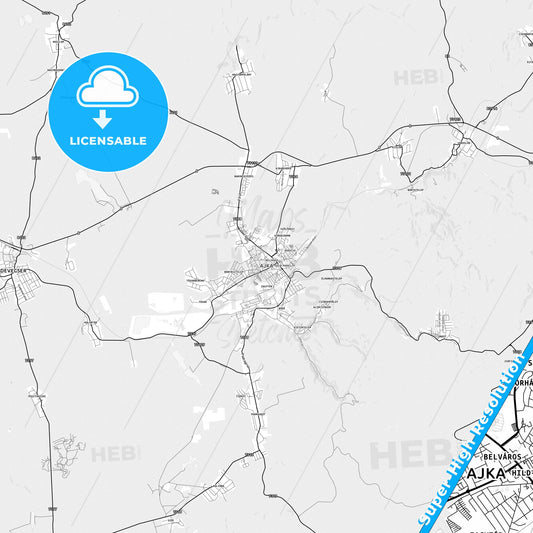 Ajka, Hungary light map with streetnames, citynames and districts