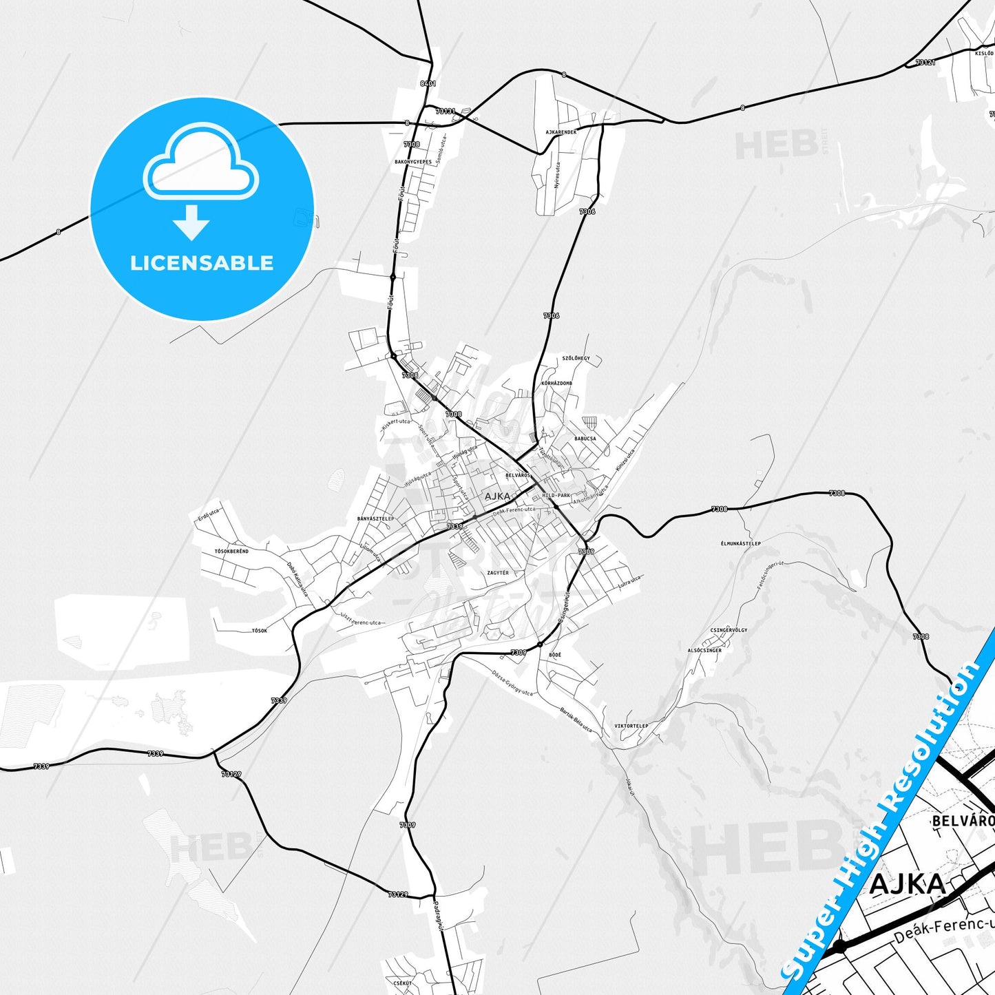 Ajka, Hungary Light Map with Street Names, City Names, and Districts
