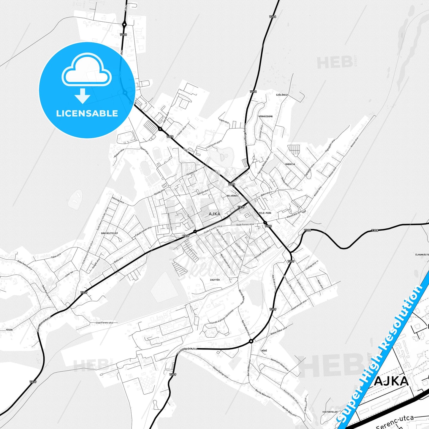 Ajka, Hungary Light Map with Street Names, City Names, and Districts