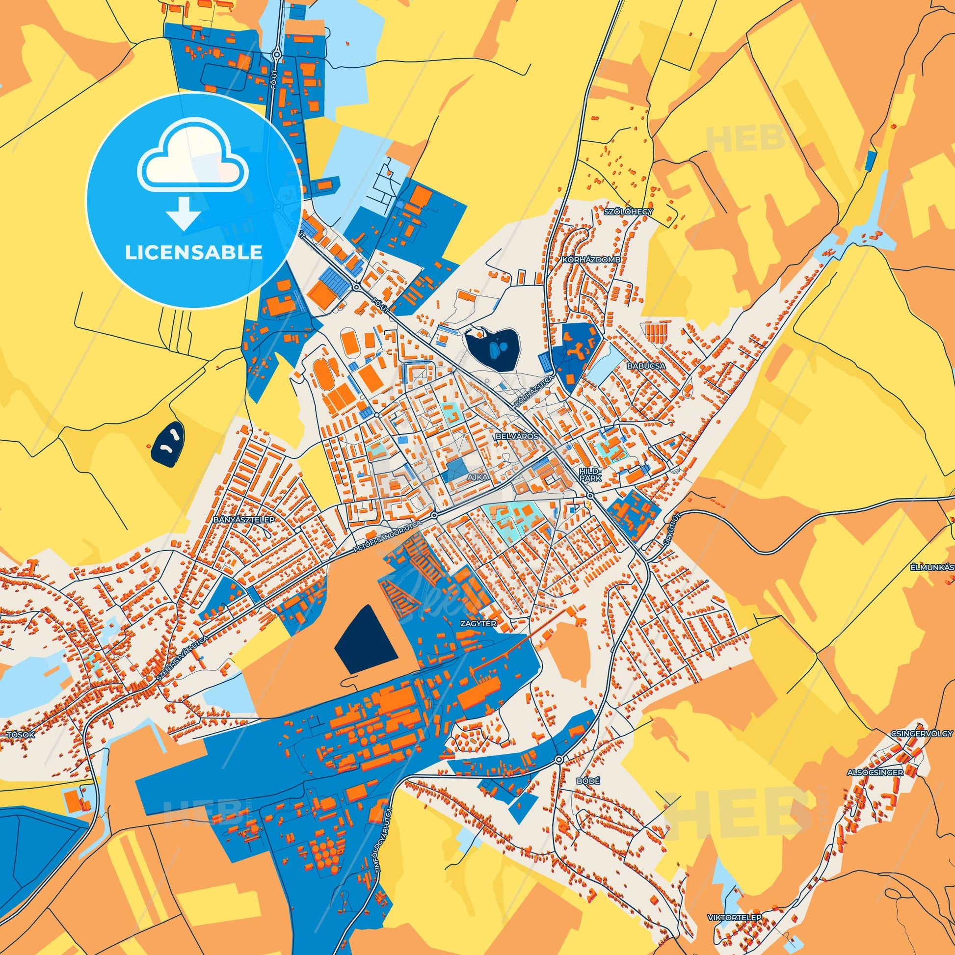 Colorful Ajka Street Map with Labels and Buildings