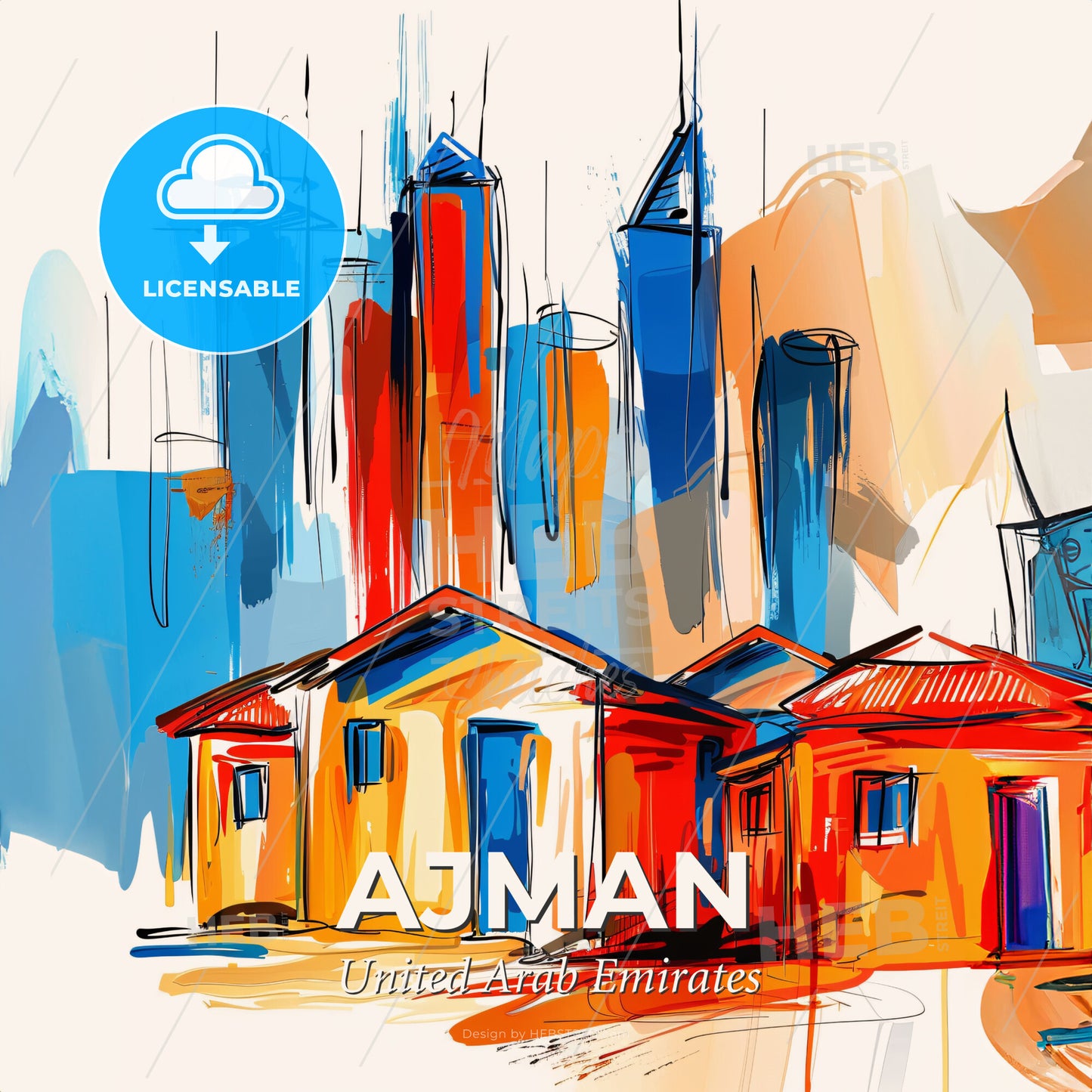 Vibrant Ajman  , United Arab Emirates - A Painting Of Buildings And A City - Square format print template