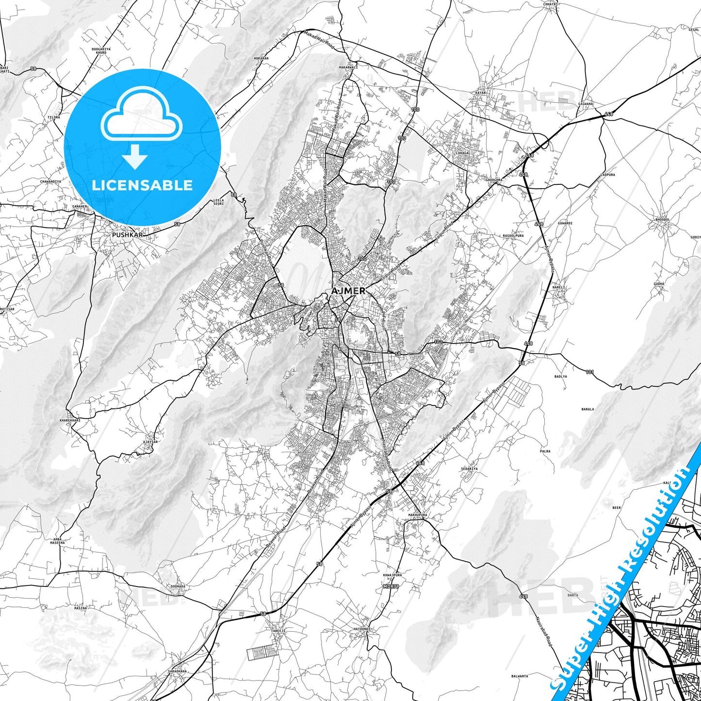 Ajmer, India light map with streetnames, citynames and districts