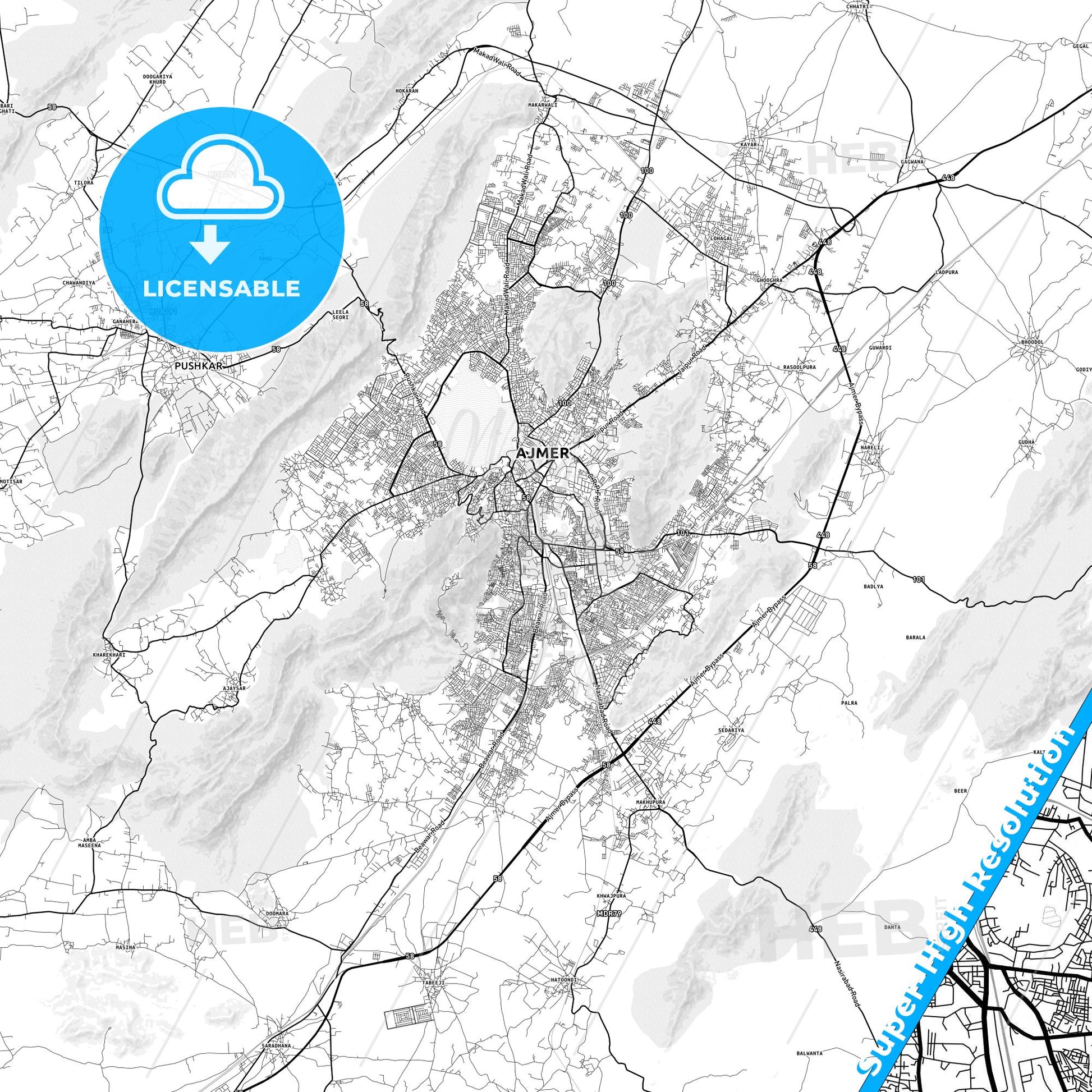 Ajmer, India light map with streetnames, citynames and districts