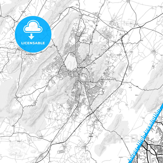 Ajmer, India light map with streetnames, citynames and districts