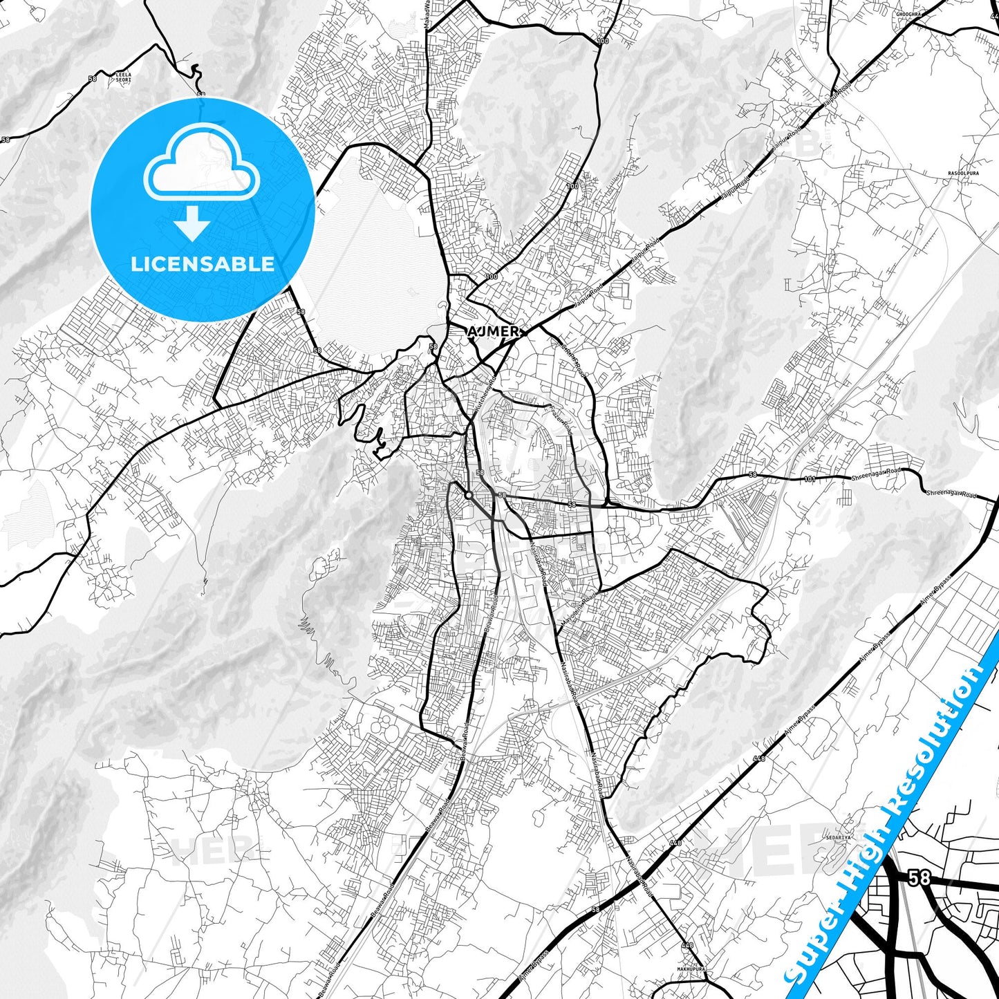 Ajmer, India Light Map with Street Names, City Names, and Districts
