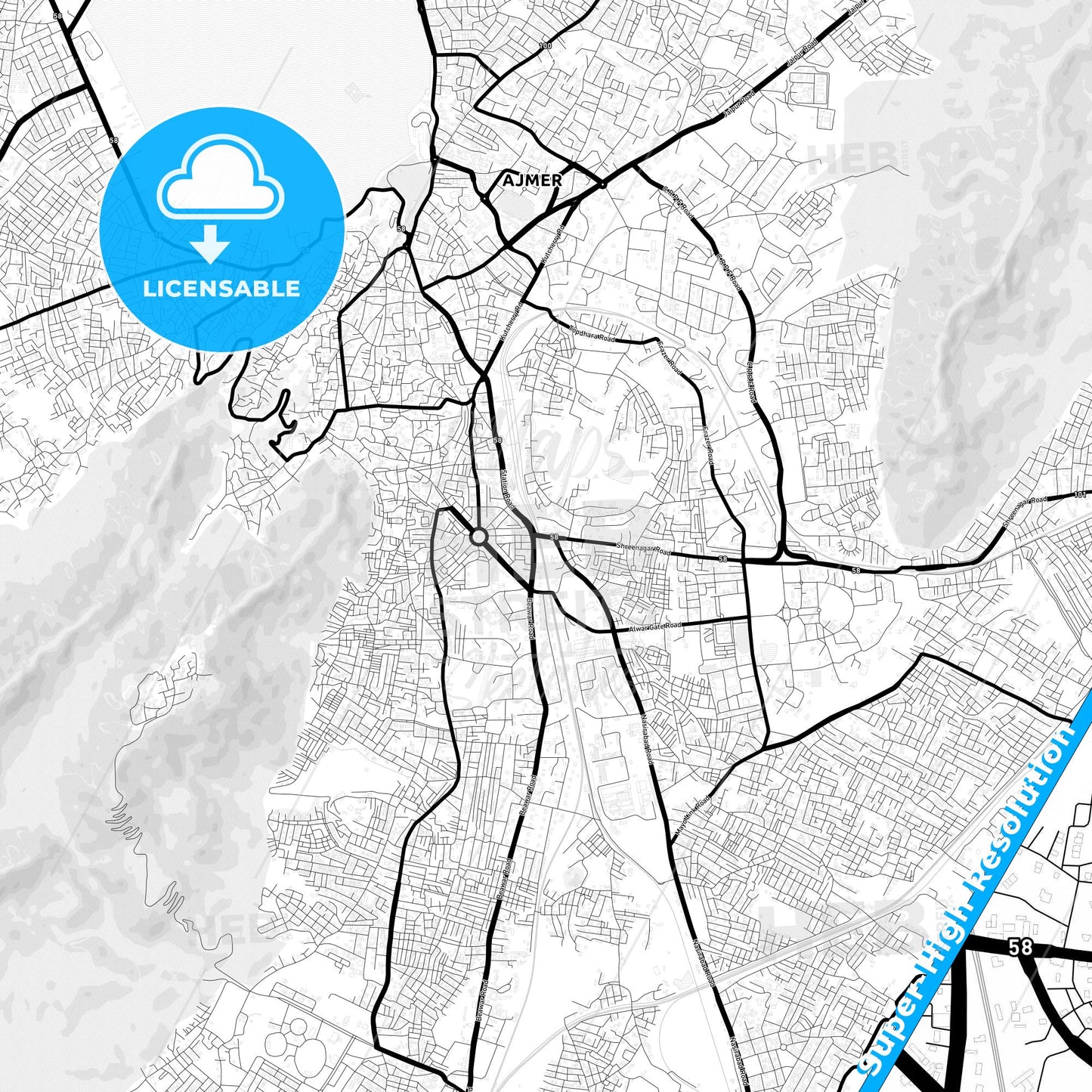 Ajmer, India Light Map with Street Names, City Names, and Districts