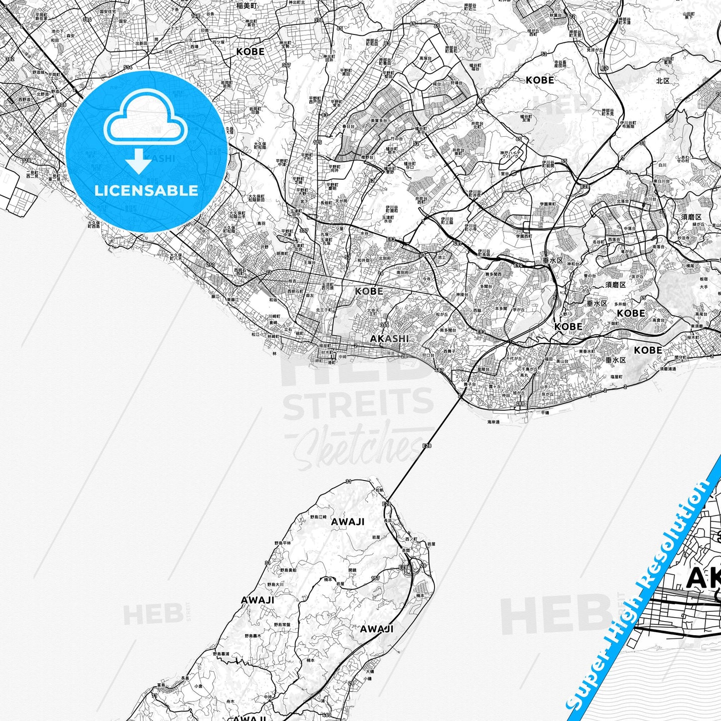 Akashi, Japan light map with streetnames, citynames and districts