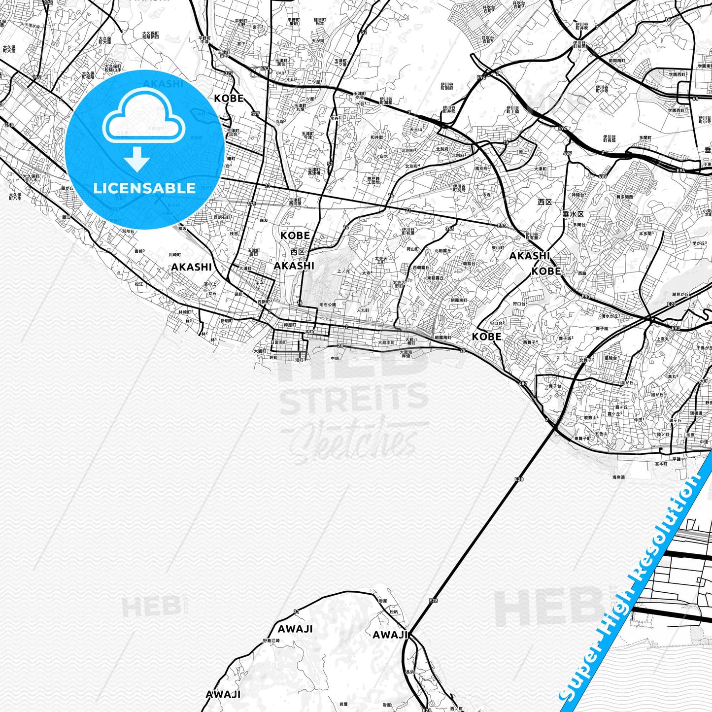Akashi, Japan Light Map with Street Names, City Names, and Districts