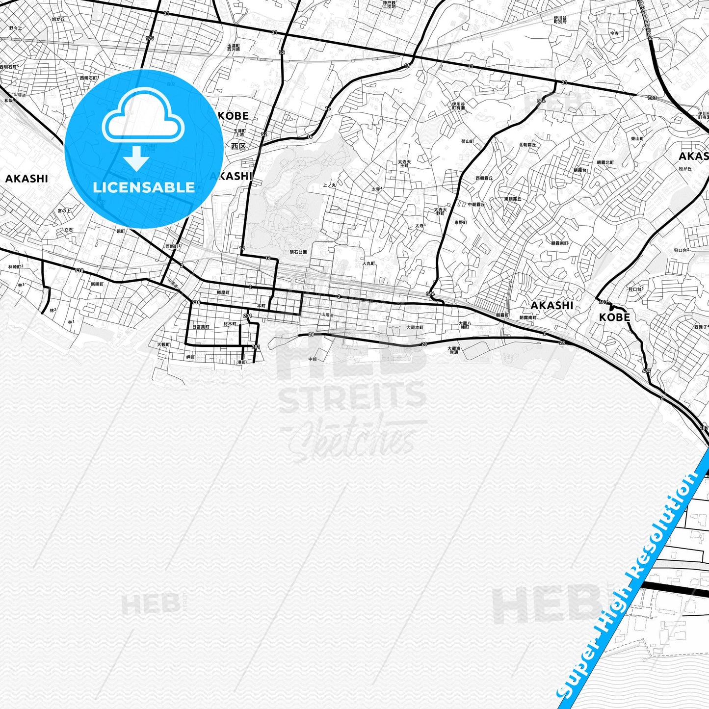 Akashi, Japan Light Map with Street Names, City Names, and Districts