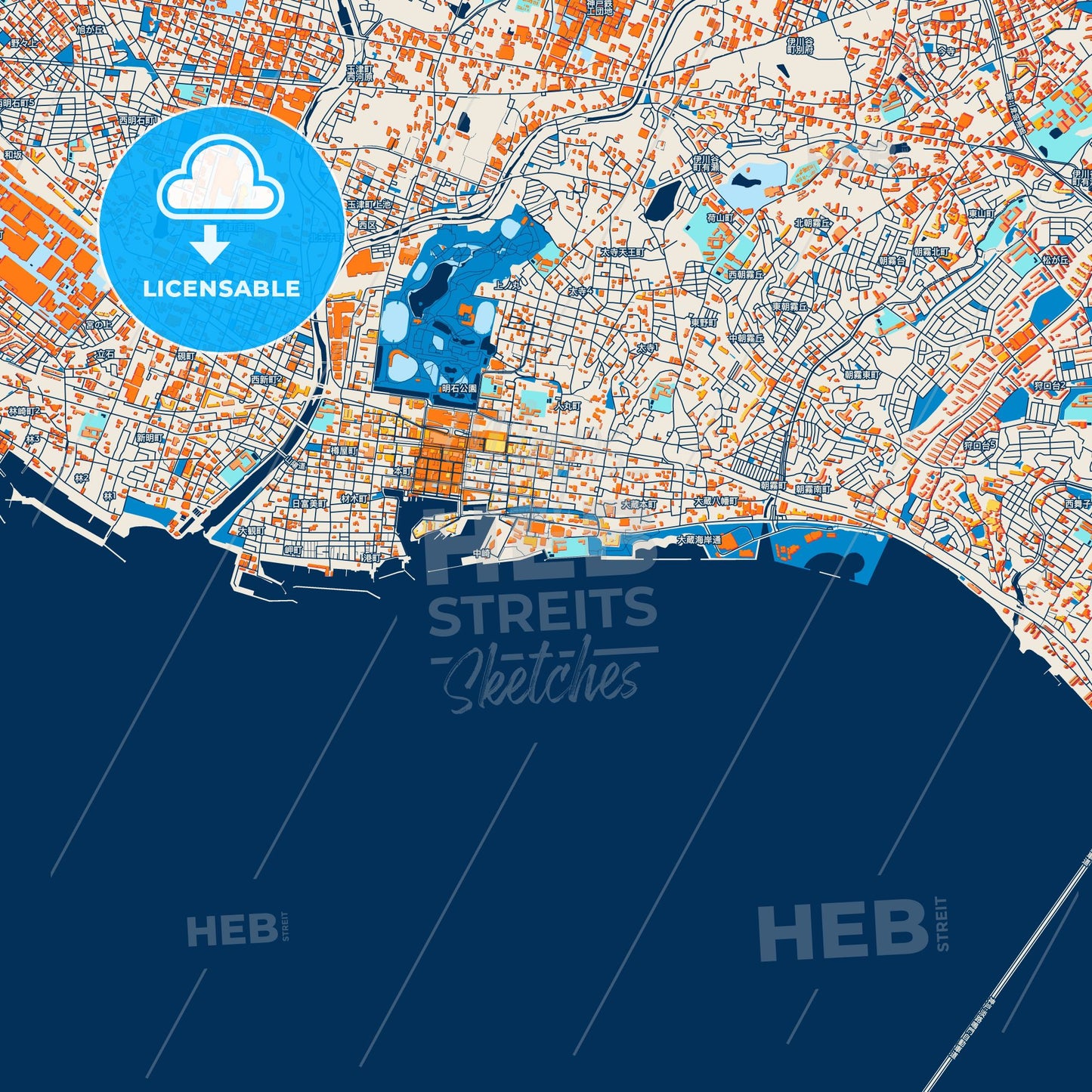Colorful Akashi Street Map with Labels and Buildings