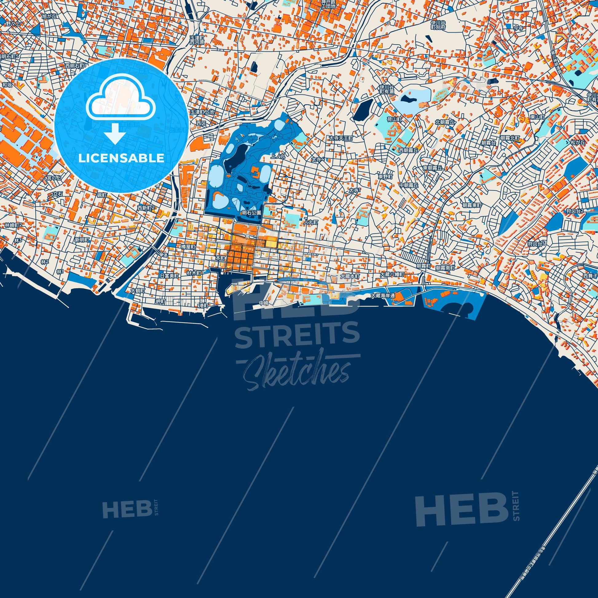 Colorful Akashi Street Map with Labels and Buildings