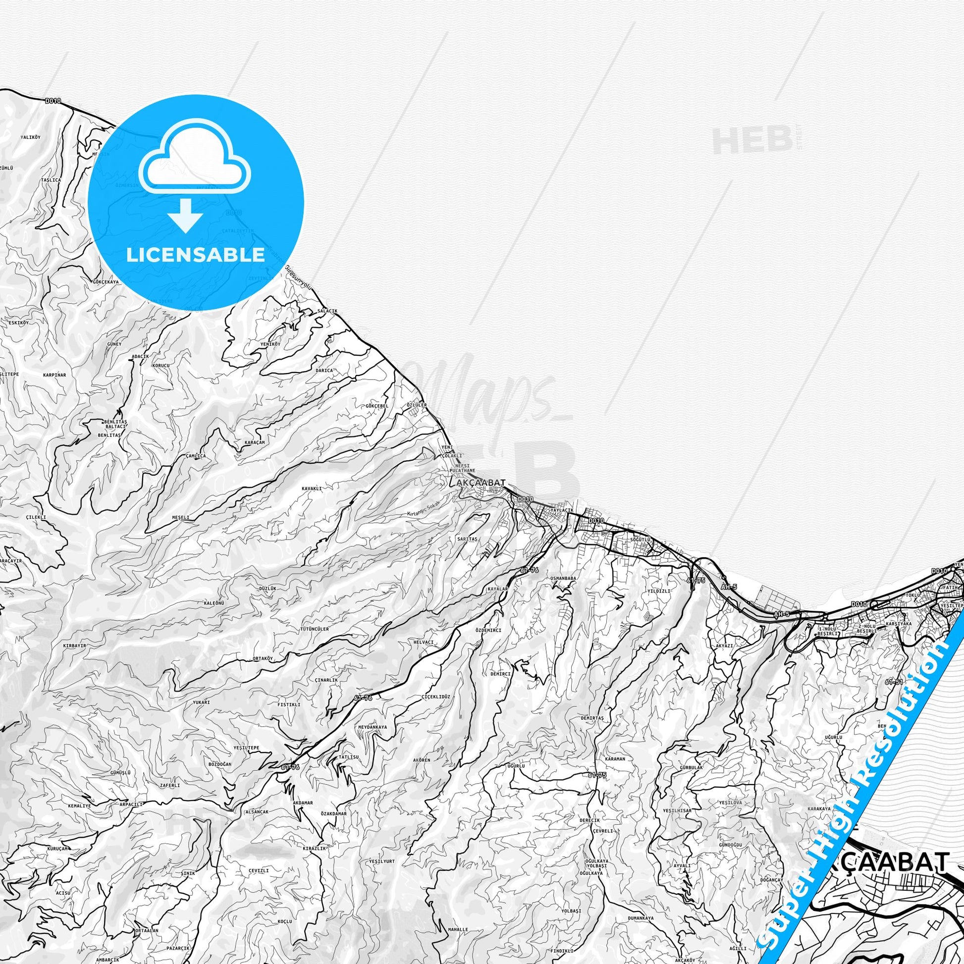 Akçaabat, Turkey light map with streetnames, citynames and districts