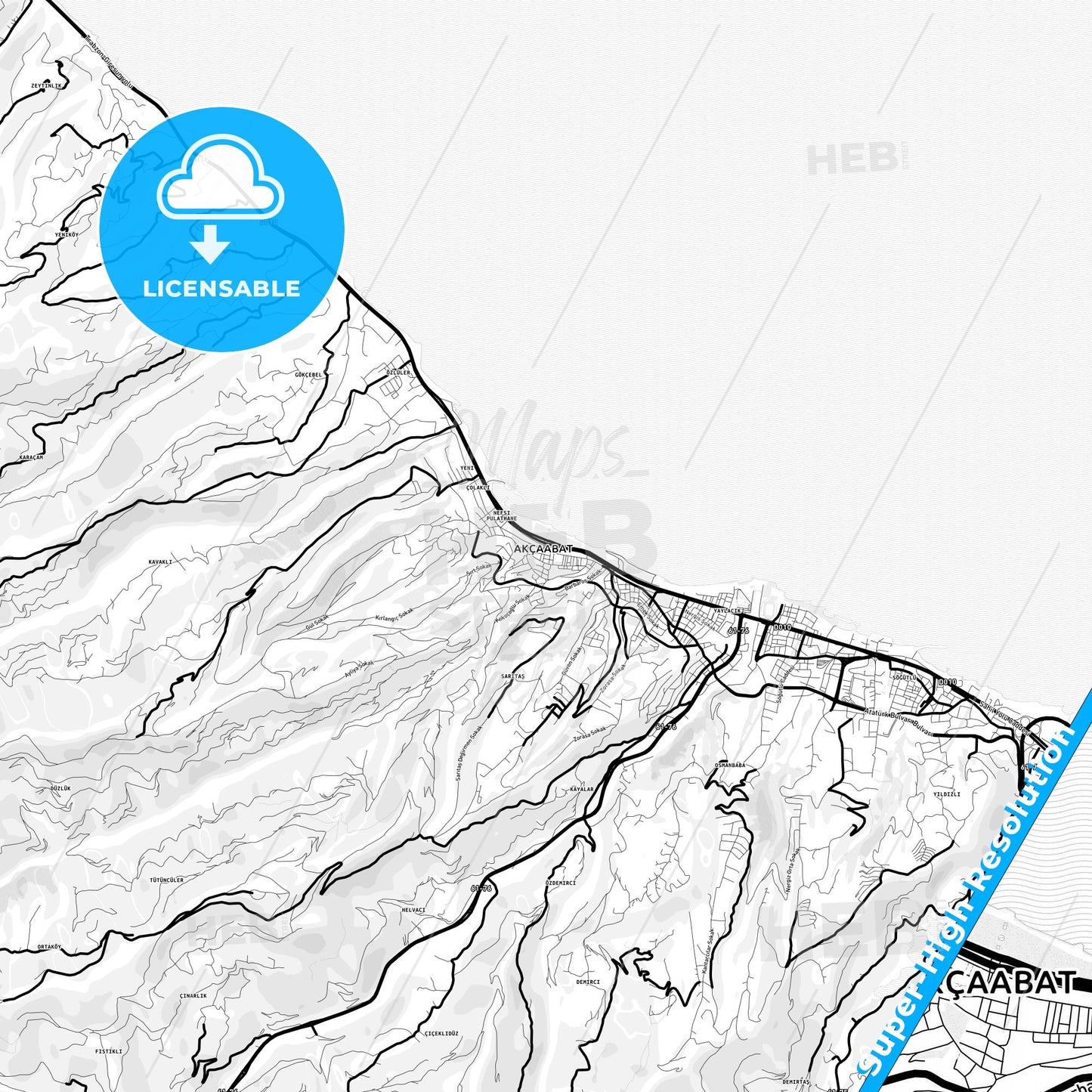 Akçaabat, Turkey Light Map with Street Names, City Names, and Districts