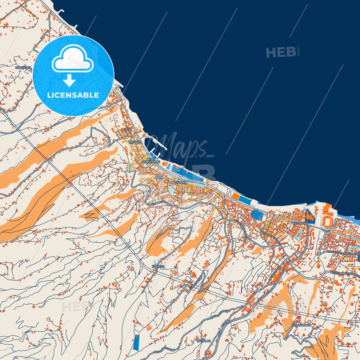 Colorful Akçaabat Street Map with Labels and Buildings