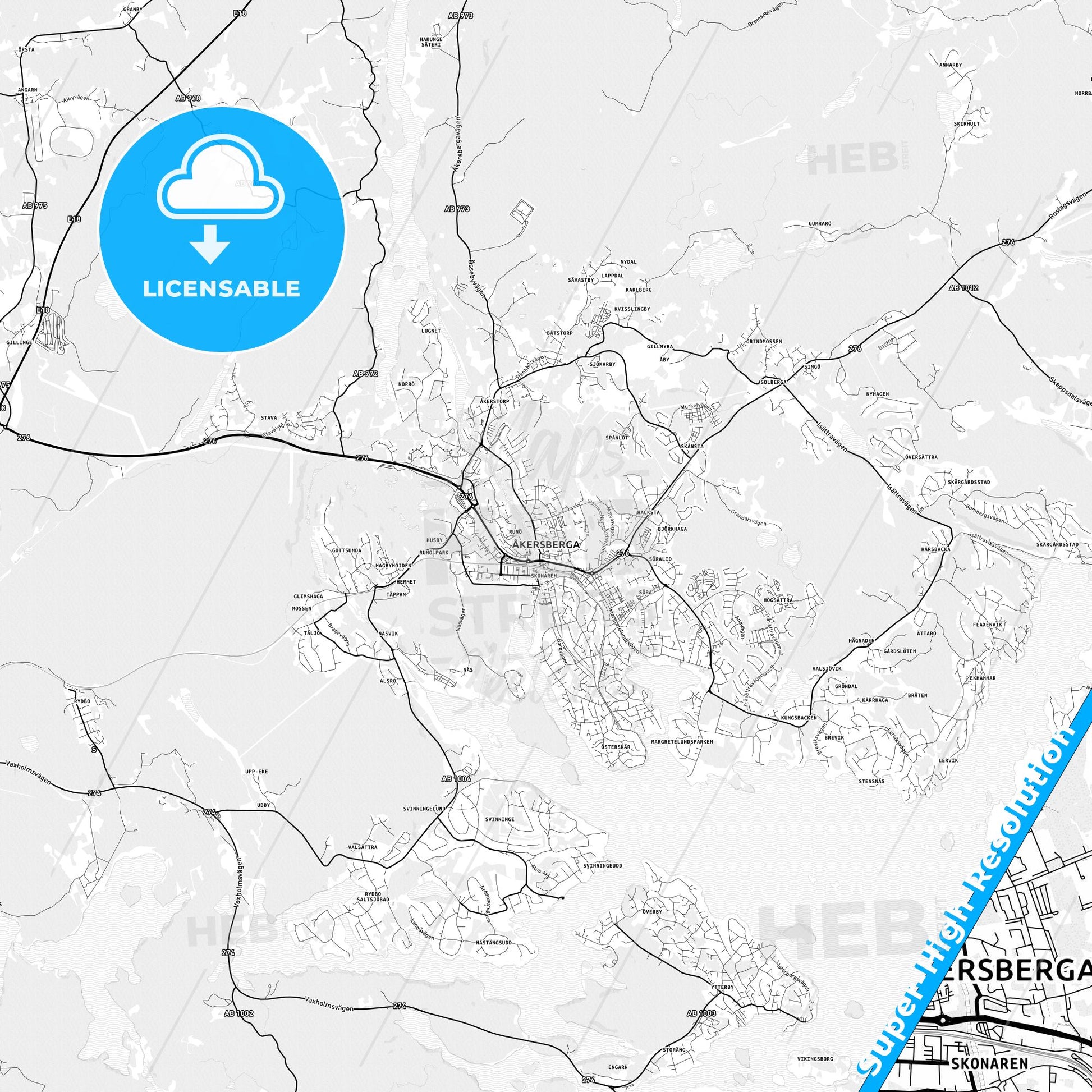 Åkersberga, Sweden light map with streetnames, citynames and districts