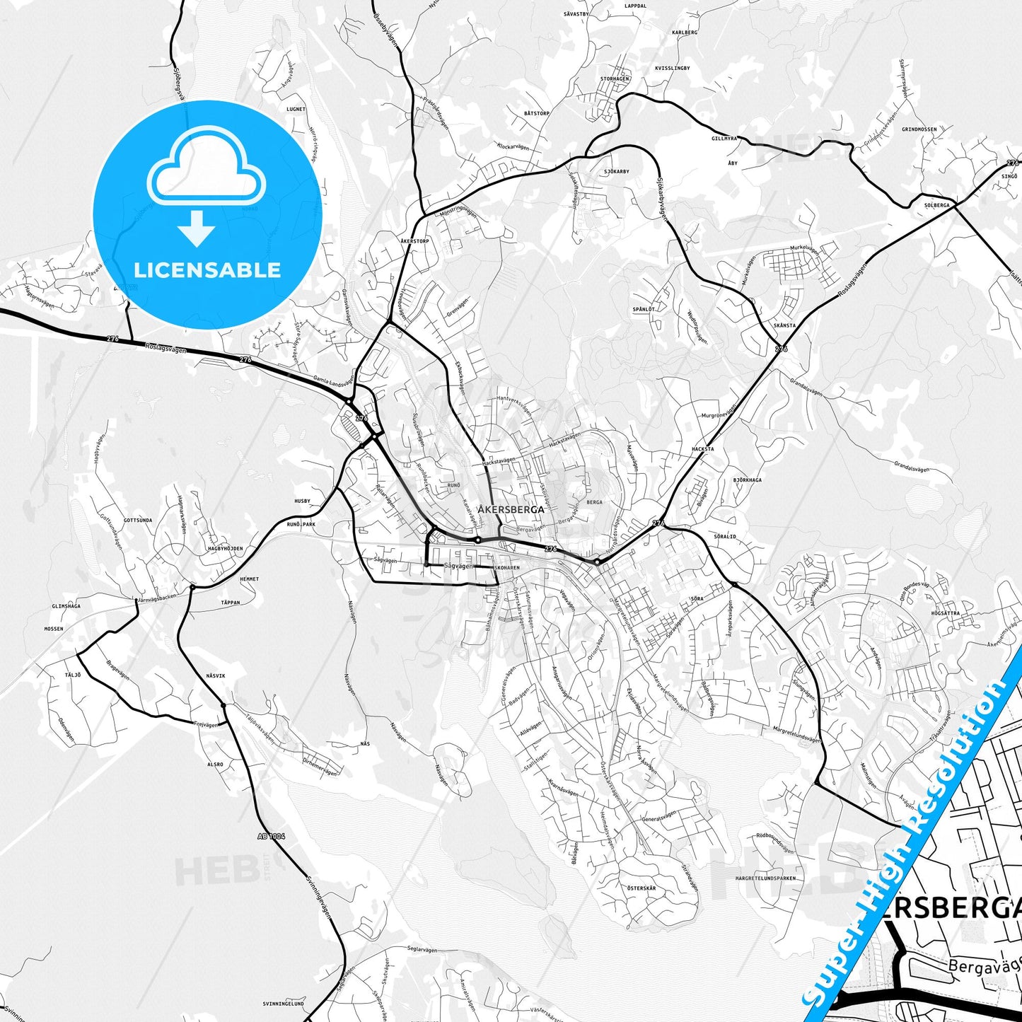Åkersberga, Sweden Light Map with Street Names, City Names, and Districts