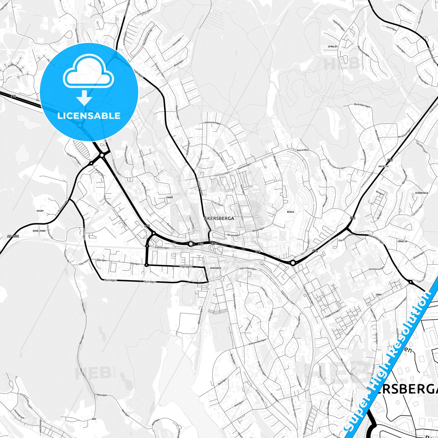 Åkersberga, Sweden Light Map with Street Names, City Names, and Districts