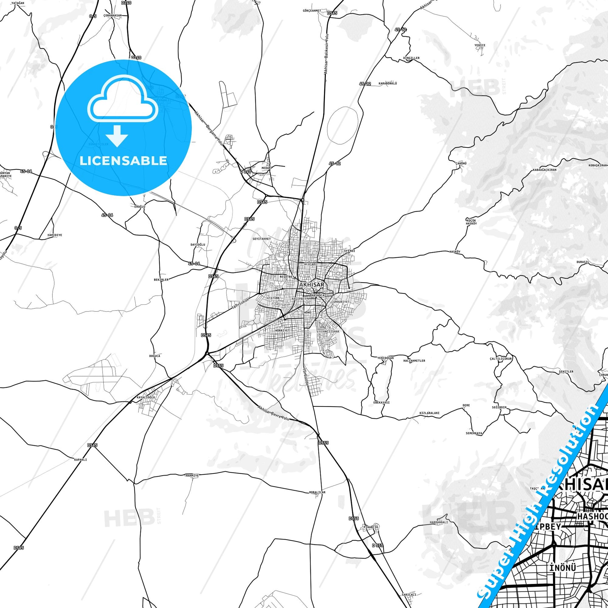 Akhisar, Turkey light map with streetnames, citynames and districts