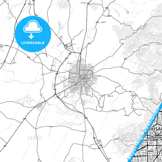 Akhisar, Turkey light map with streetnames, citynames and districts