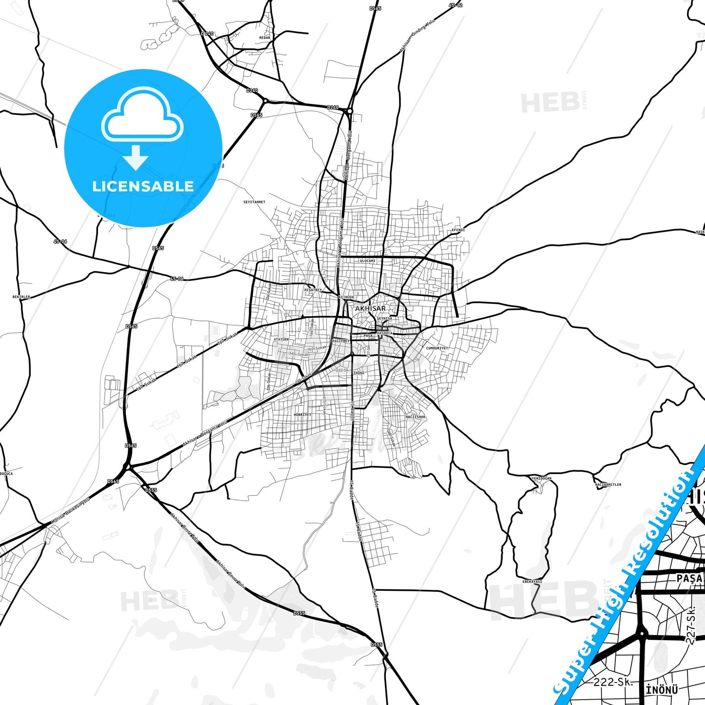 Akhisar, Turkey Light Map with Street Names, City Names, and Districts