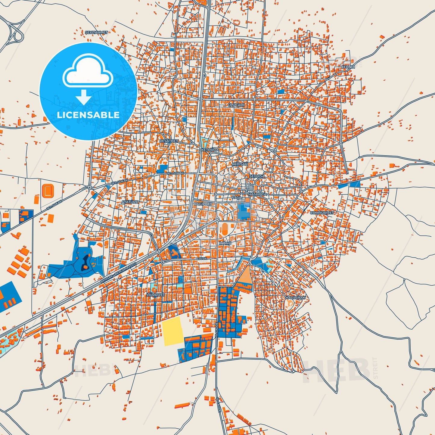 Colorful Akhisar Street Map with Labels and Buildings