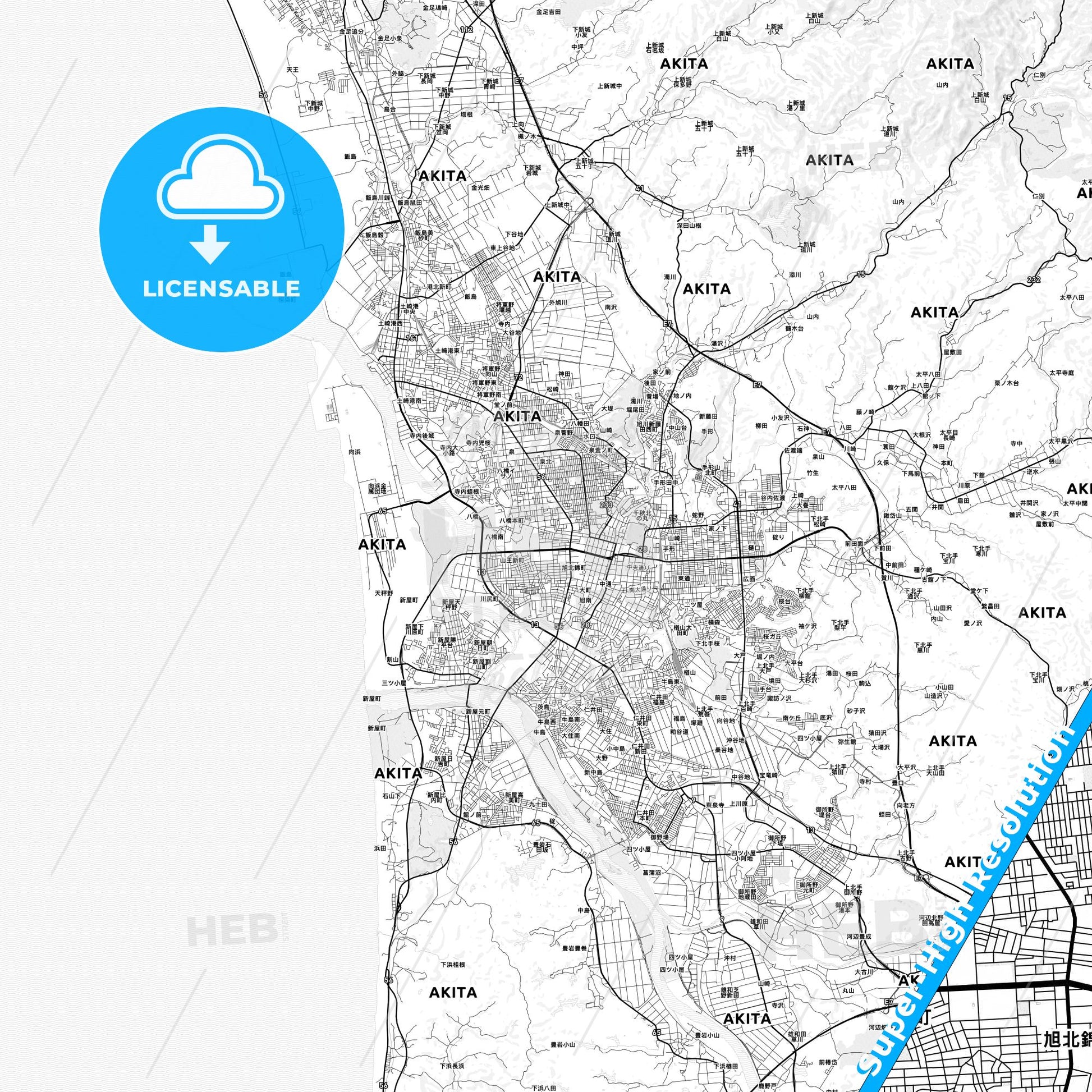 Akita, Japan light map with streetnames, citynames and districts