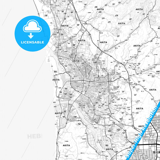 Akita, Japan light map with streetnames, citynames and districts