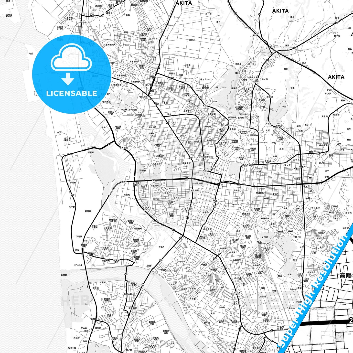Akita, Japan Light Map with Street Names, City Names, and Districts
