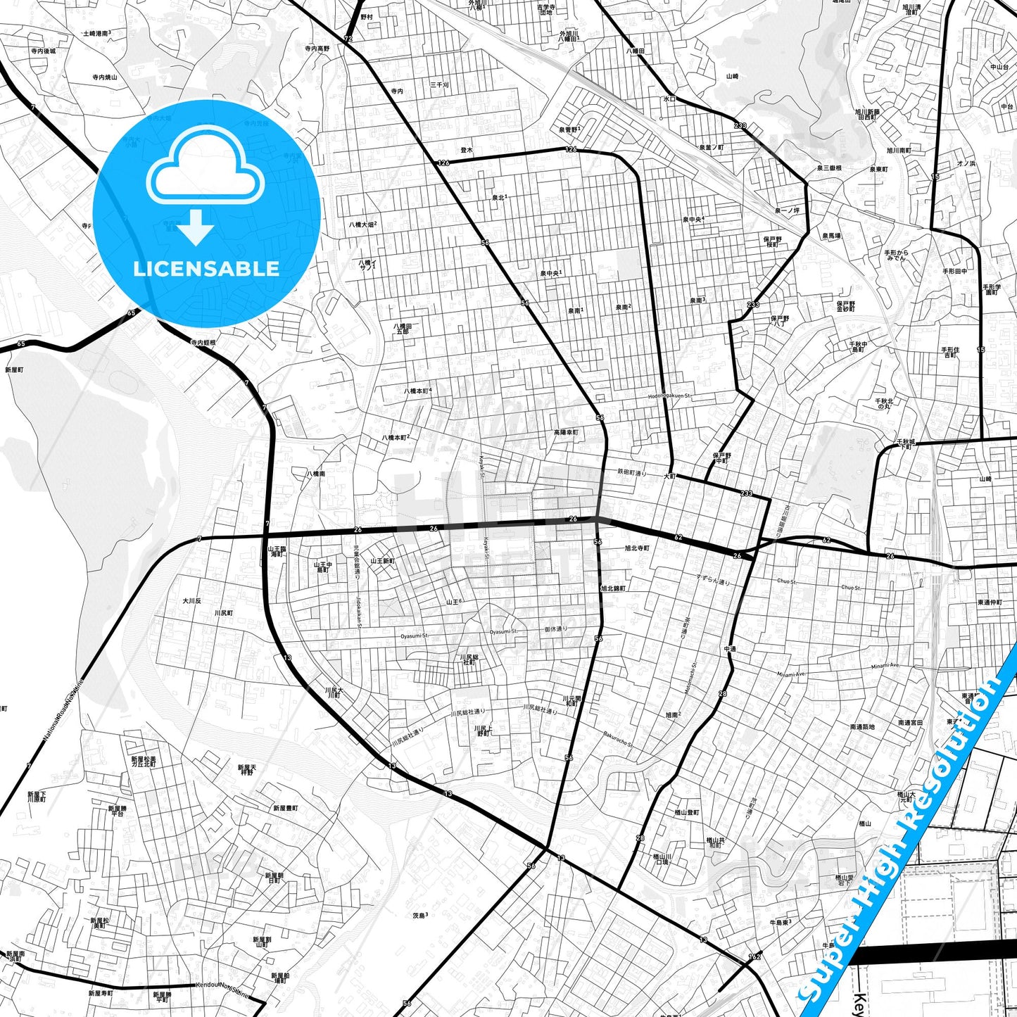 Akita, Japan Light Map with Street Names, City Names, and Districts