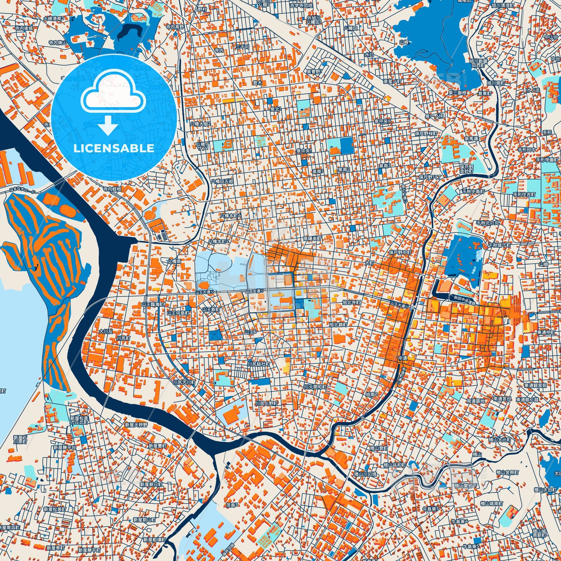 Colorful Akita Street Map with Labels and Buildings