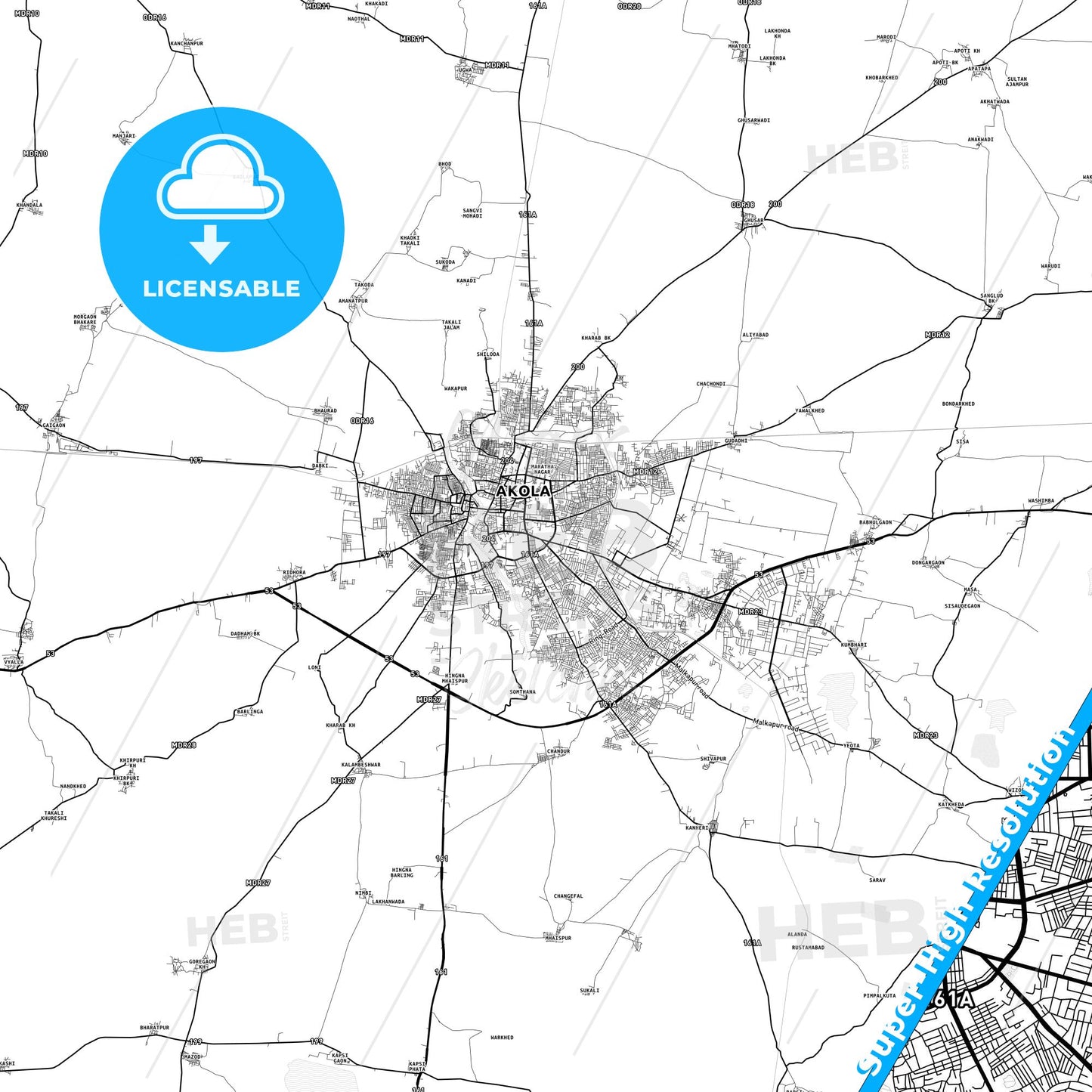 Akola, India light map with streetnames, citynames and districts