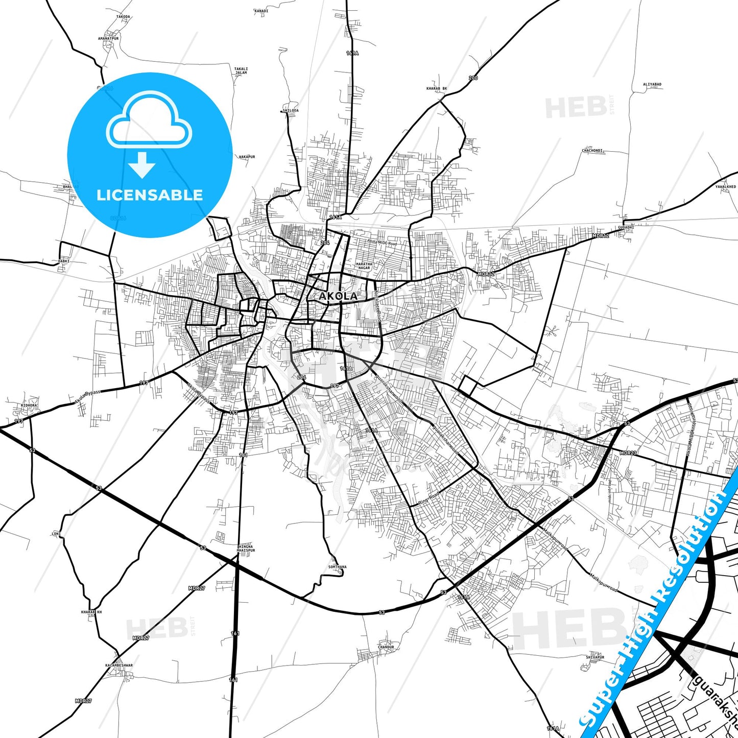 Akola, India Light Map with Street Names, City Names, and Districts