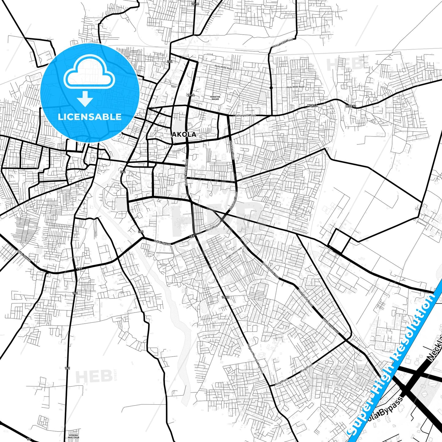 Akola, India Light Map with Street Names, City Names, and Districts