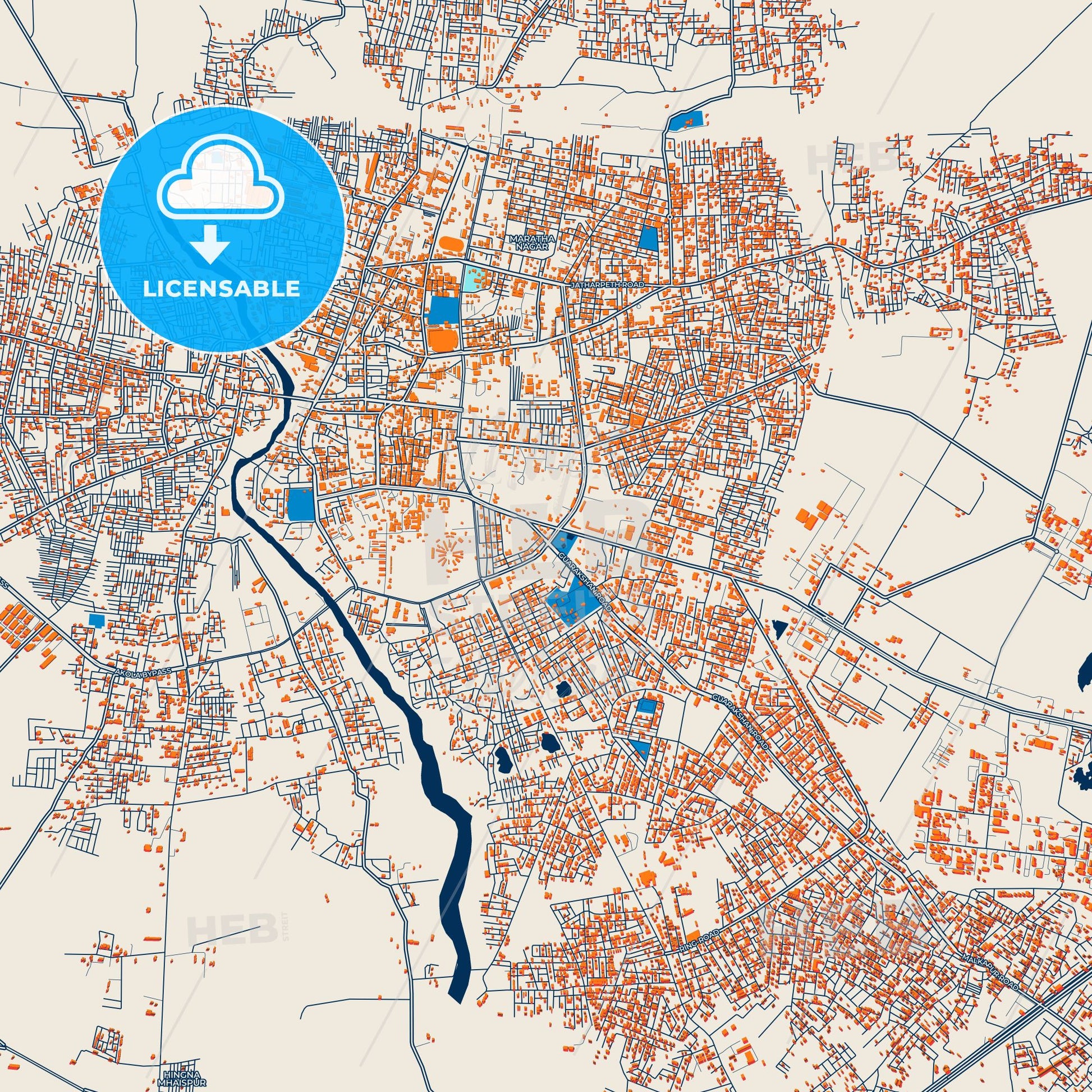 Colorful Akola Street Map with Labels and Buildings