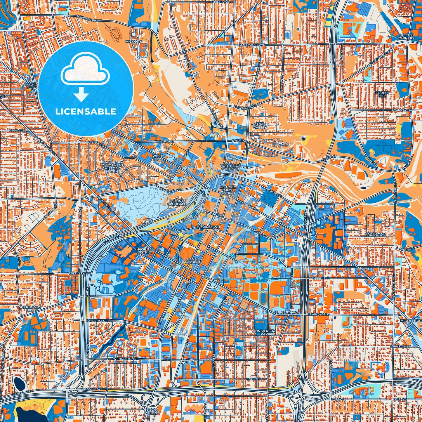 Colorful Akron Street Map with Labels and Buildings