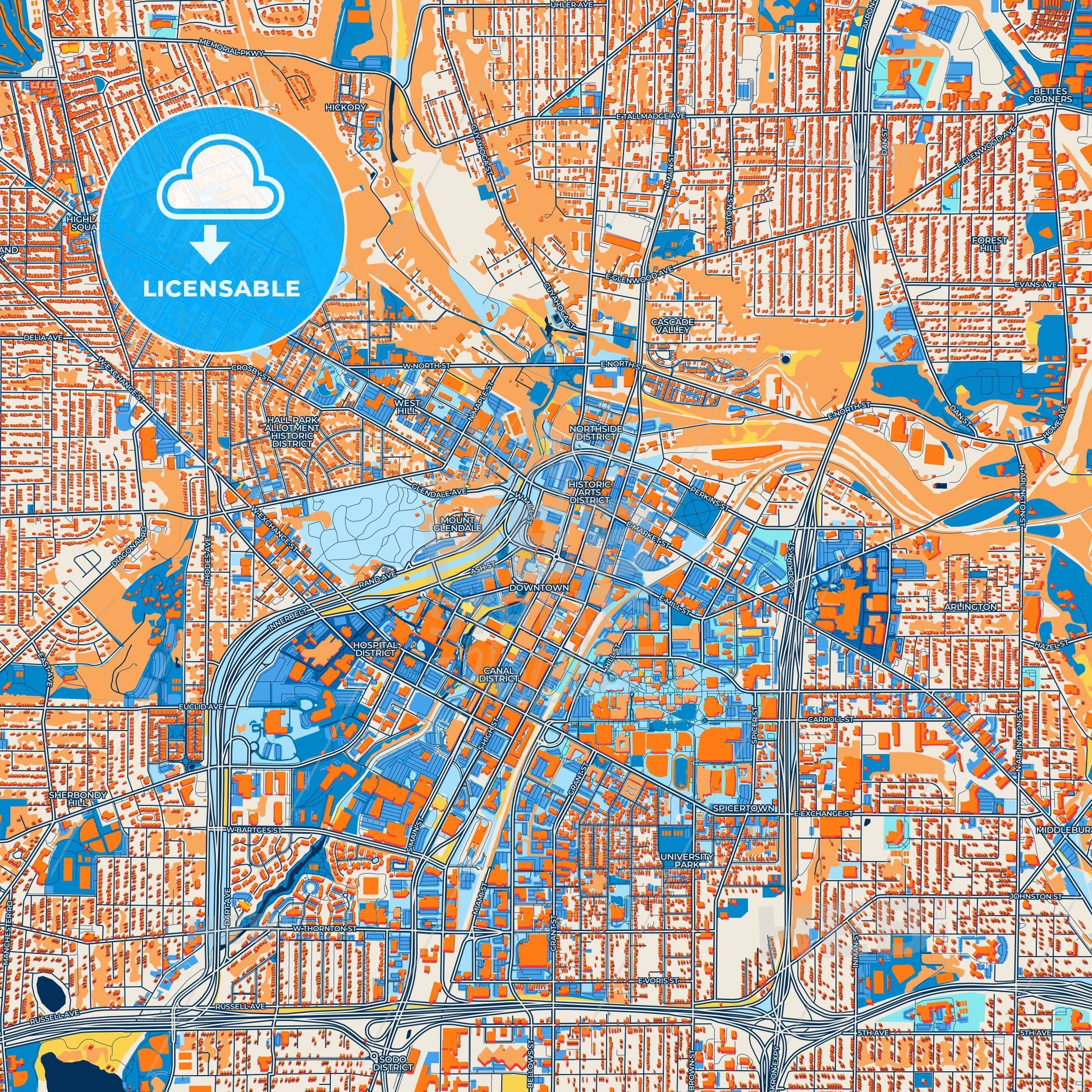 Colorful Akron Street Map with Labels and Buildings