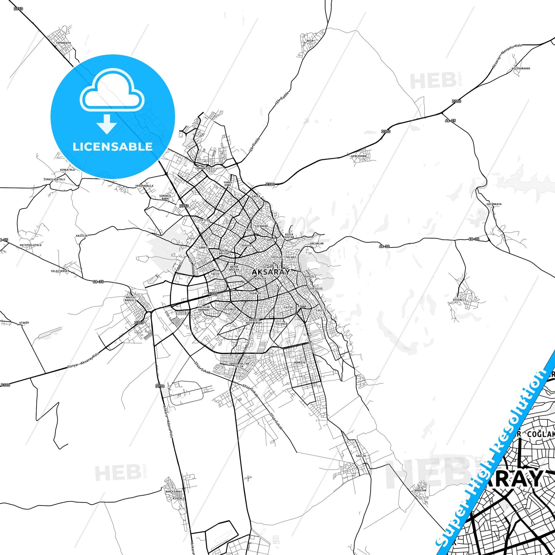 Aksaray, Turkey light map with streetnames, citynames and districts